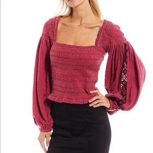 Free People Maggie Embroidered Long Puff Sleeve Detail Square Neck Smocked Top
